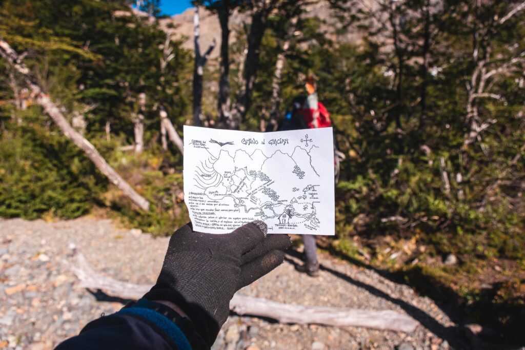 Hiker in forest holding a detailed hand-drawn map, surrounded by trees and sunlight.