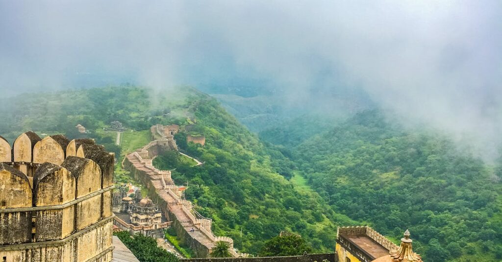 Rainy season view of Jaipur’s Panna Meena Ka Kund, Bhangarh Fort with mist